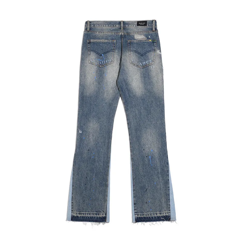 Washing Water Old Destroying Holes Cat Whiskers Embroidery Printing Splashing Ink Micro-horn Wide-leg Jeans for Men