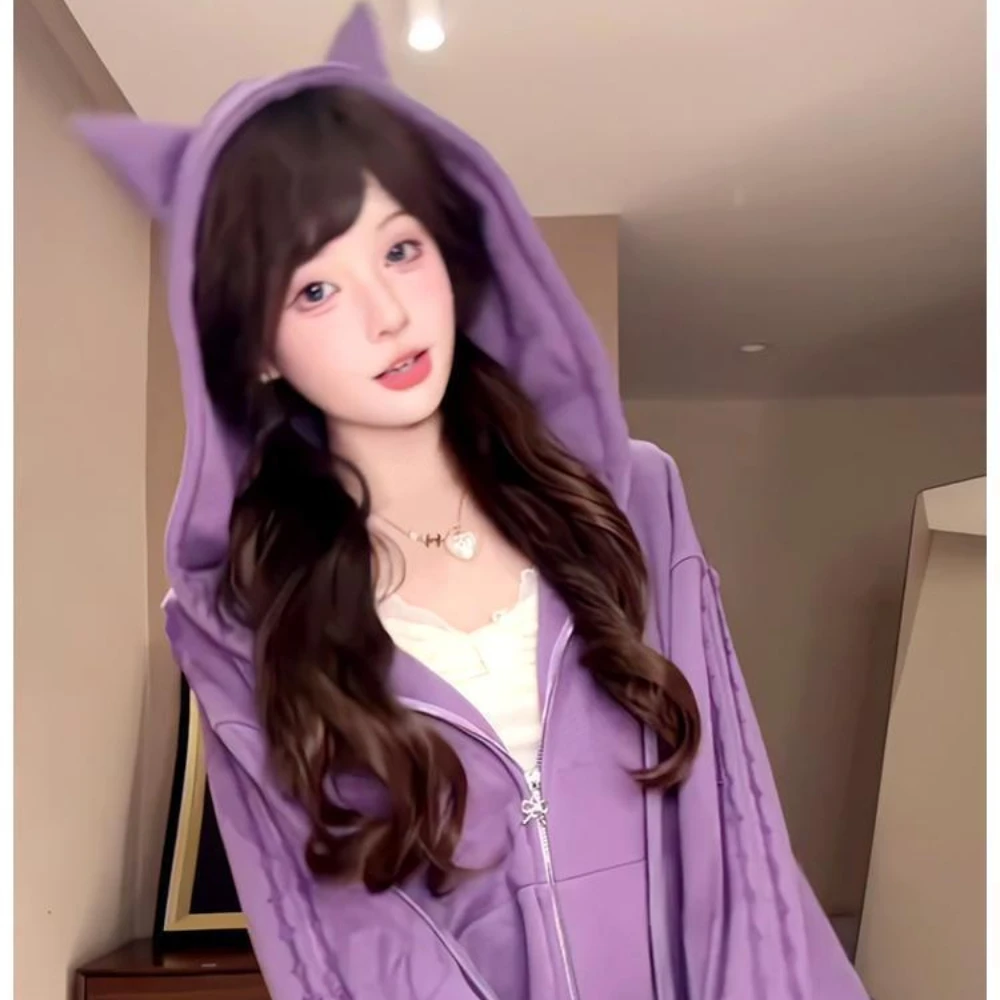 2025 Women's Y2K Purple Cat Ear Hoodie Set - Zip-Up Sweatshirt & Pleated Skirt, Sweet Edgy Vintage Streetwear for Spring Autumn