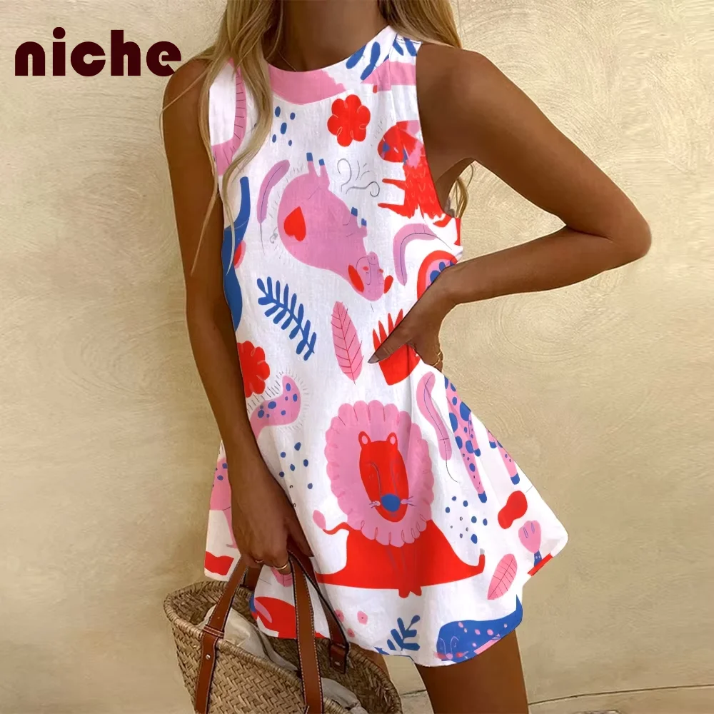 

Y2k Cartoon Women Sleeveless Dress Pink Animal Graphic Printing High Quality Cotton And Linen Fashion Trend New Beach Skirt