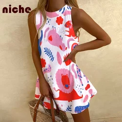 Y2k Cartoon Women Sleeveless Dress Pink Animal Graphic Printing High Quality Cotton And Linen Fashion Trend New Beach Skirt