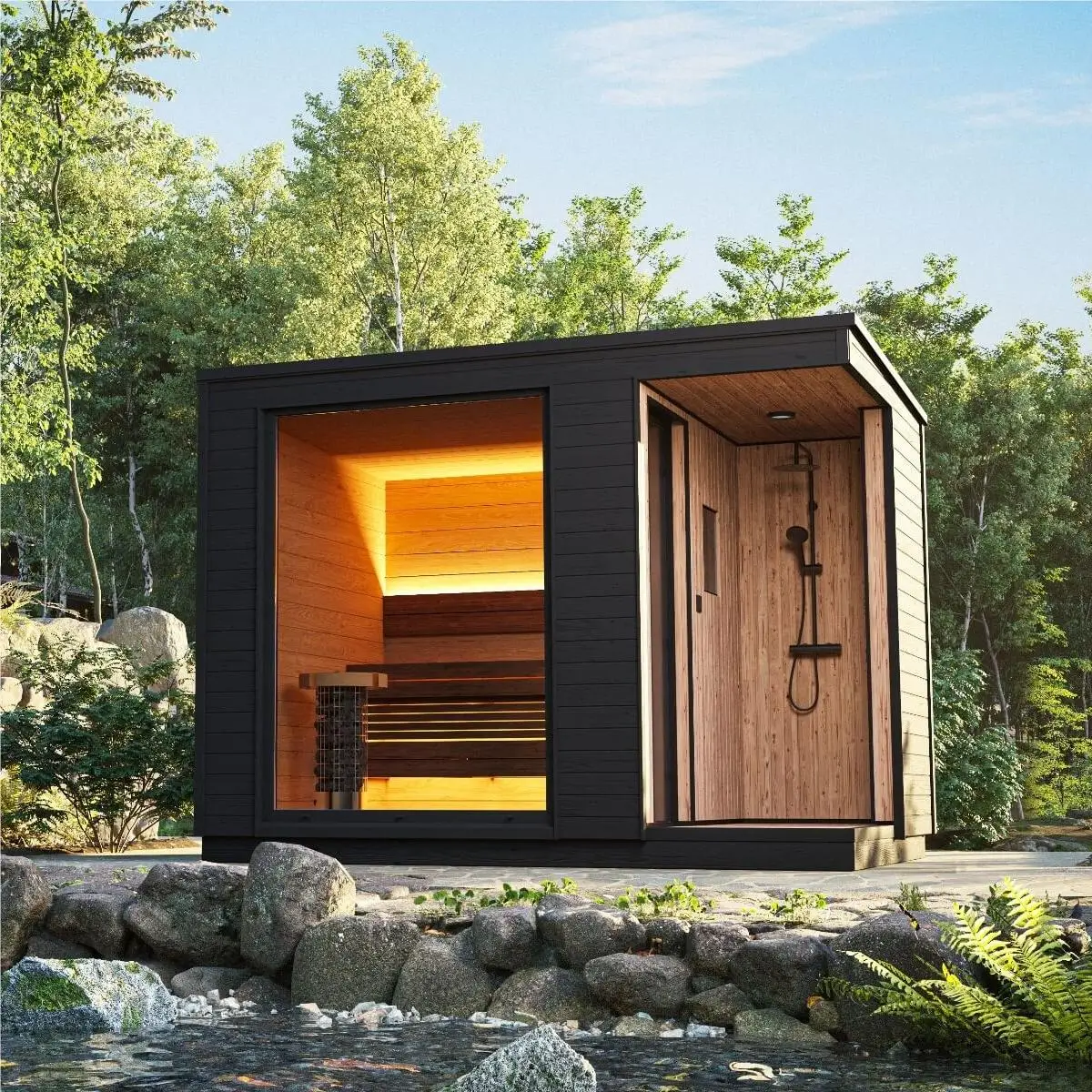 Luxury Outdoor Sauna and Steam Room Modern Design with Shower for Villas Solid Hemlock Wood