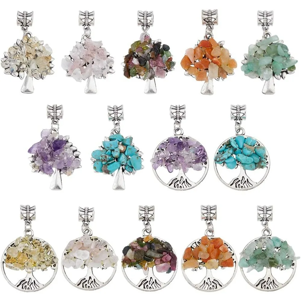 28Pcs 14 Styles Tree of Life Gemstone Pendants Crystal Quartz Chakra Pendant Charms Mixed Gemstone Chip European Flat Round