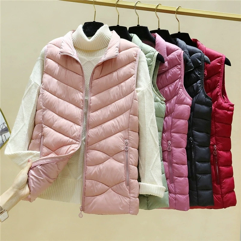 

Autumn Winter Quilted Vest for Women Casual Solid Stand-Up Collar Thick Zipper Cotton Padded Jacket Korean Sleeveless Parka Coat