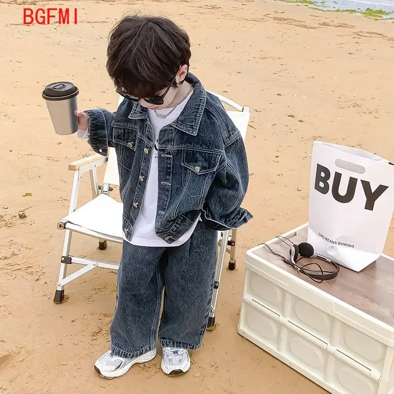 2024 girl spring autumn children Boy 2PCs clothing set cotton turn down collar denim coat solid jeans pants baby boys outfits