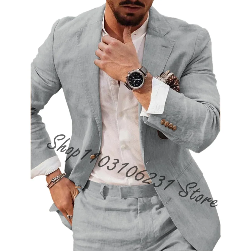 Traje de negocios de lino para hombre, chaqueta de 2 piezas a medida con pantalones, esmoquin informal, ropa de fiesta, Verano