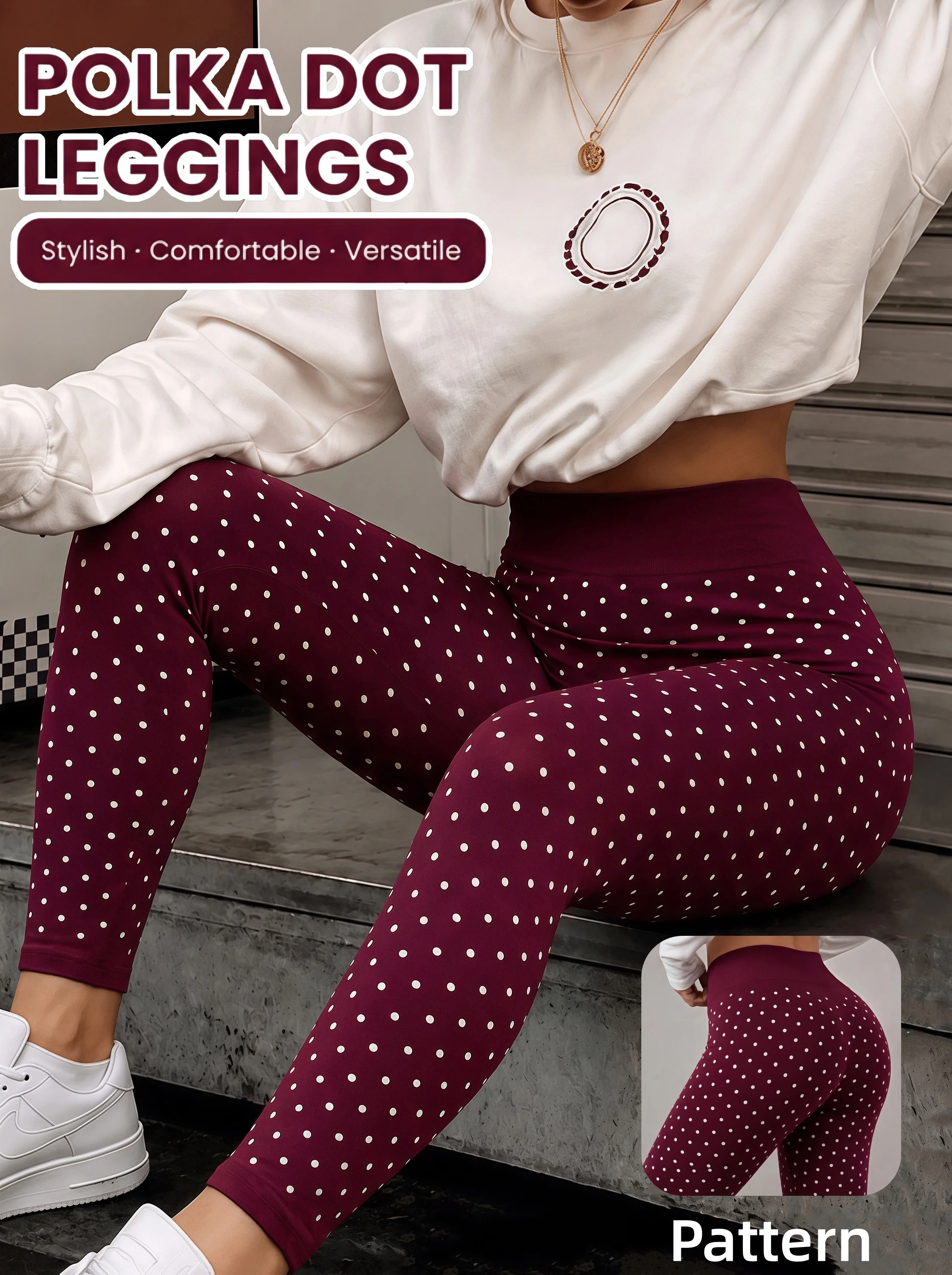 Women's High Waist Wine Red Polka Dot Leggings High Stretch Knit Soft Slim Hot Girl Pants Street Dating Commute Vacation Trouser