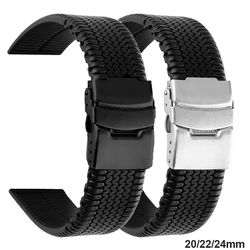 20mm 22mm 24mm Soft Silicone Watchband Black Tire Pattern Sport Rubber Wrisband Waterproof Metal Fold Buckle Universal Strap