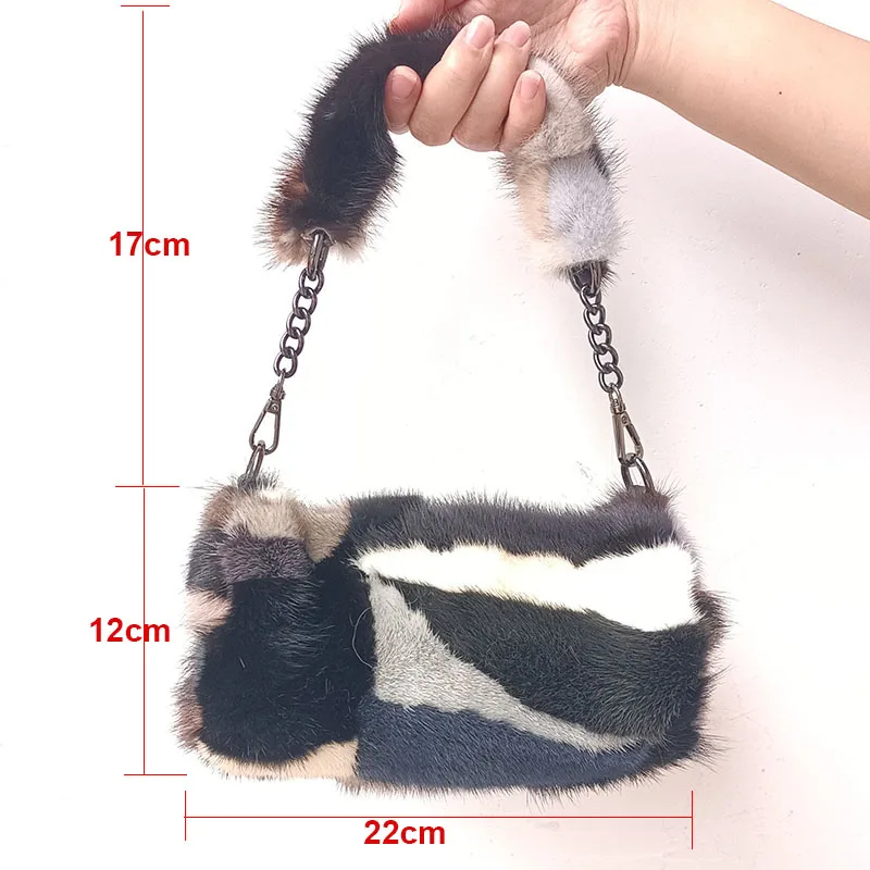 2023 New Luxury Genuine Mink Fur Tote Bag Women Fashion Small Plaid Small Pieces Natural Mink Fur Small Bags