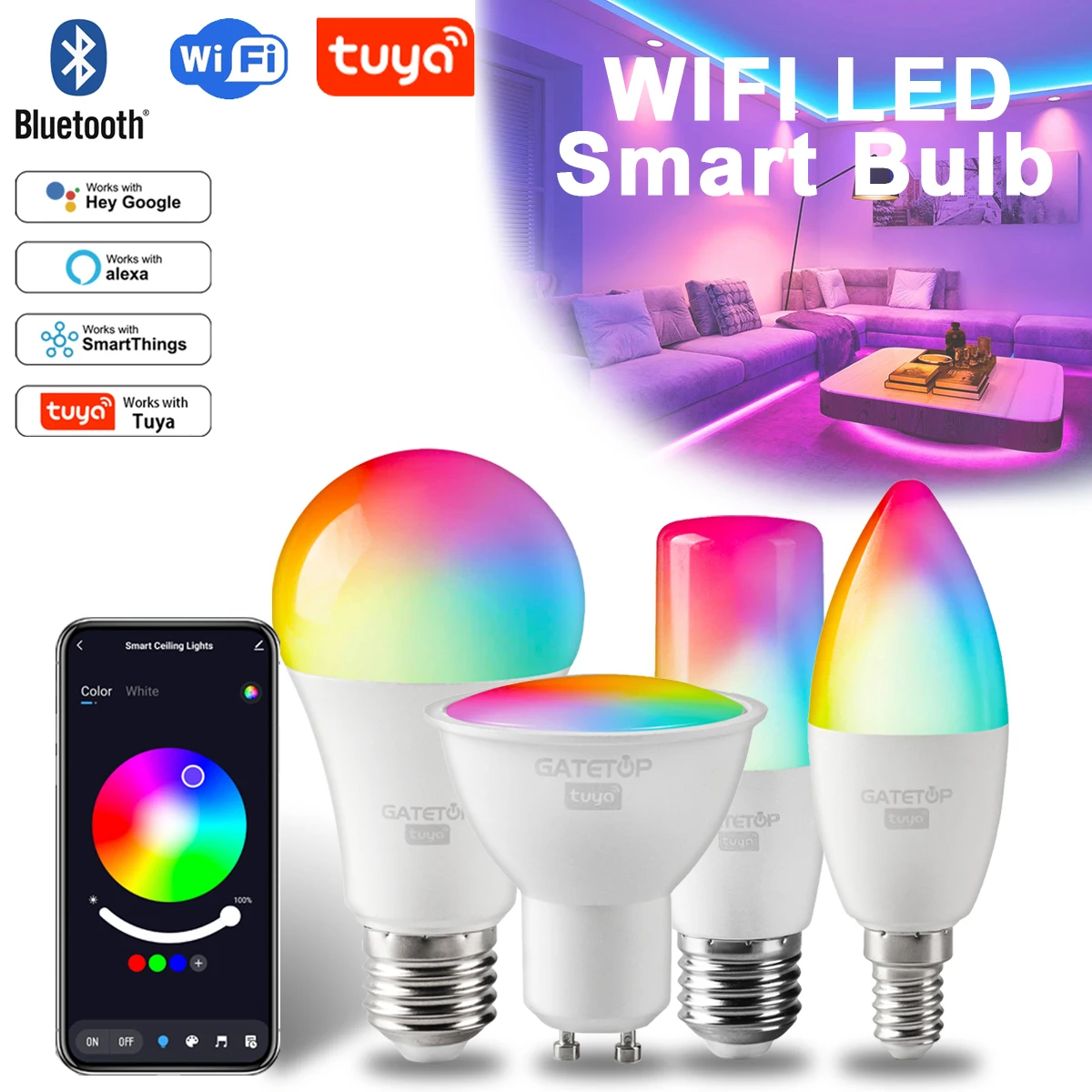

Tuya Rgb Bulb Smart Gu10 C37 A60 T37 E14 E27 B22 Light Dimmable Wifi Led Magic Lamp AC 110V 85V-265V Work With Alexa Google Home