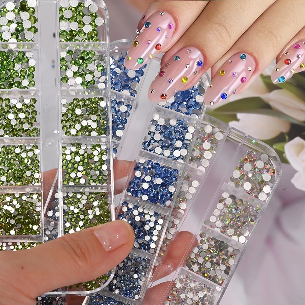 12Grid SS4-SS16 Mieszane Kryształowe Cyrkonie Ozdoby do Paznokci Szklane Bez Hotfix Płaski Tył Diament DIY Okrągłe Koraliki Dekoracja Manicure