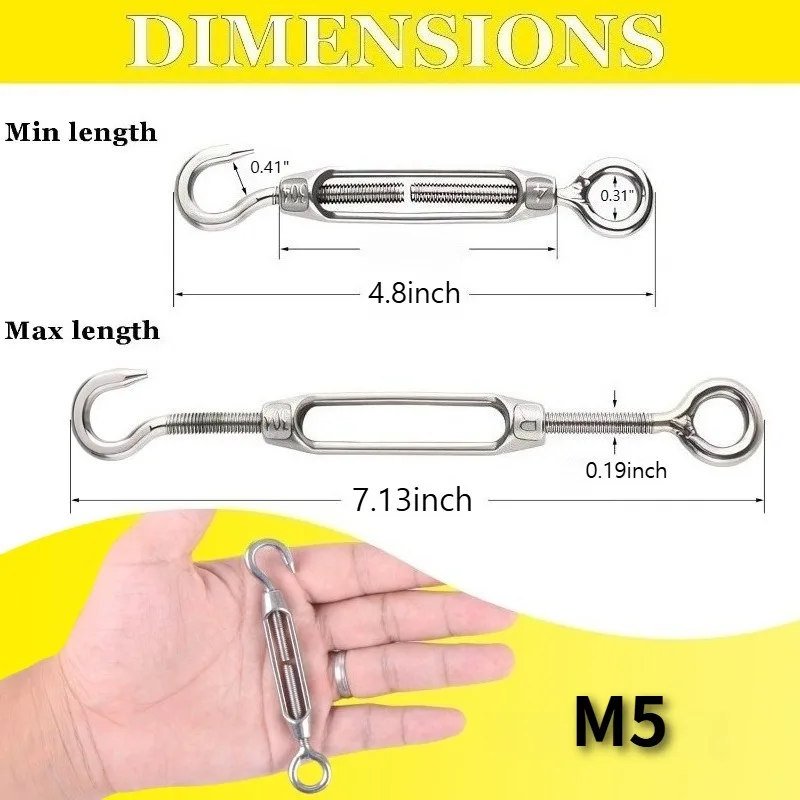 Turnbuckle Lsqurel 10PCS 304 Stainless Steel Turnbuckle Hook and Eye Heavy Duty M5 Tensioner Adjustable Shade Sail Hardware