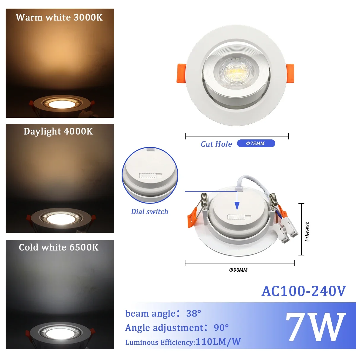 1-10 stks 7 W 3 CCT LED Kleur veranderen 3000 K 4000 K 6000 K LED Plafondspot ingebed licht AC 110 V 220 V Aanpassen 90 °   verlichting Spot