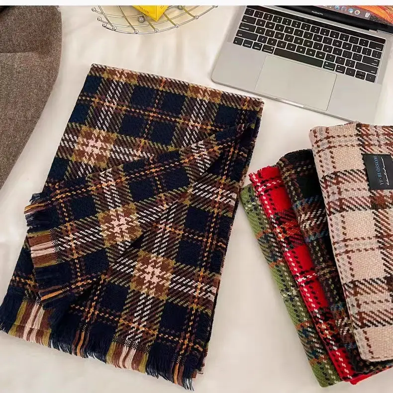 New Elegant Women's Autumn Winter Warp Fashionable Versatile Plaid Shawl Thickened Warm Scarf Suitable for Daily Use 2024 R124