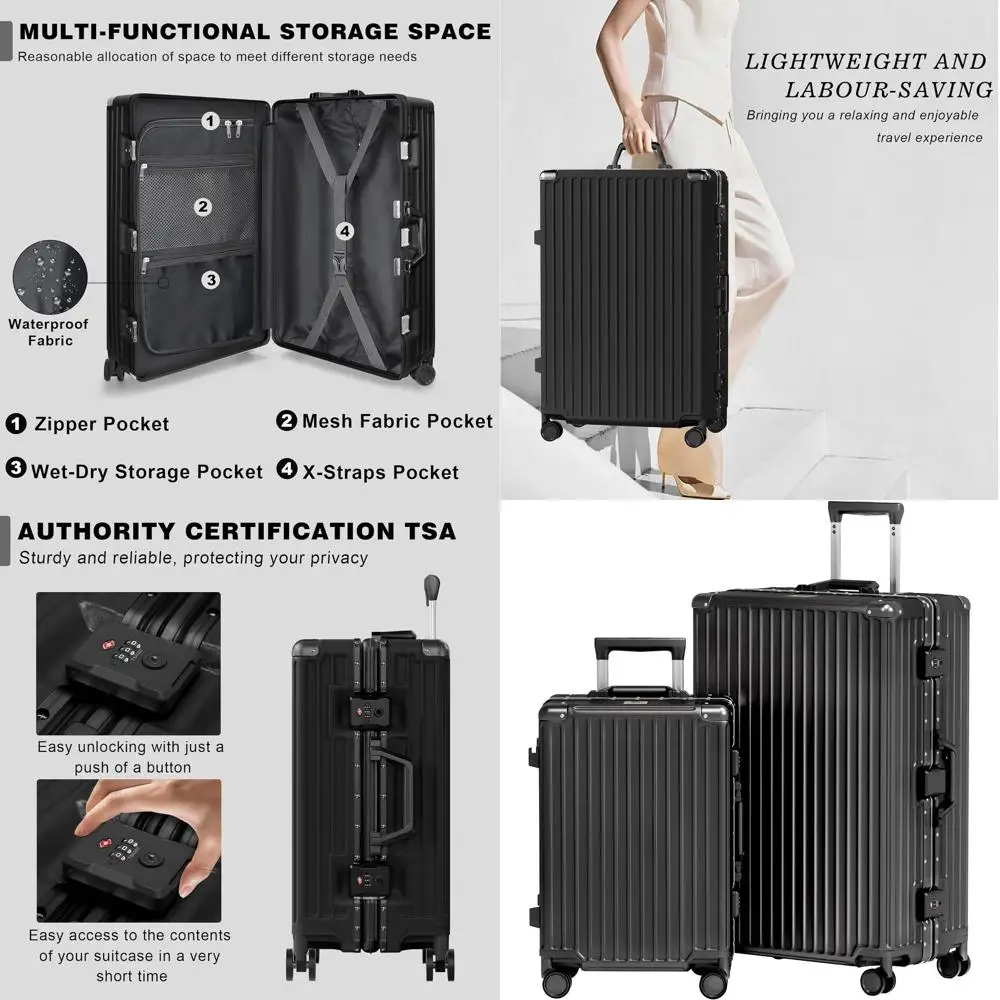 

2-Piece Aluminum Frame Luggage Set: Carry-On & Checked Suitcase with PC-ABS Shell and TSA Lock (Black, 20/28 inches)