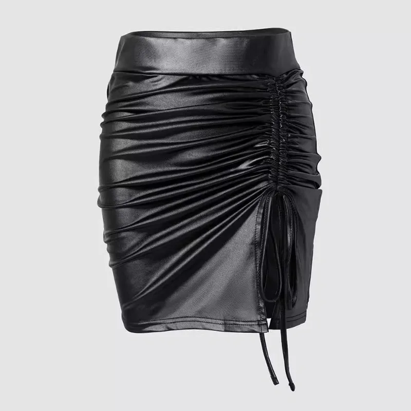2024 Spring Summer New Women's Closing Solid Color Leather Drawstring Skirt All-match