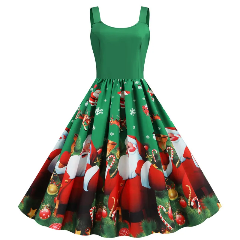 Winter Ladies Christmas Dress Sexy Straps Retro Party Princess Dress Santa Snowflake Print Christmas Costume Party Family Dinner