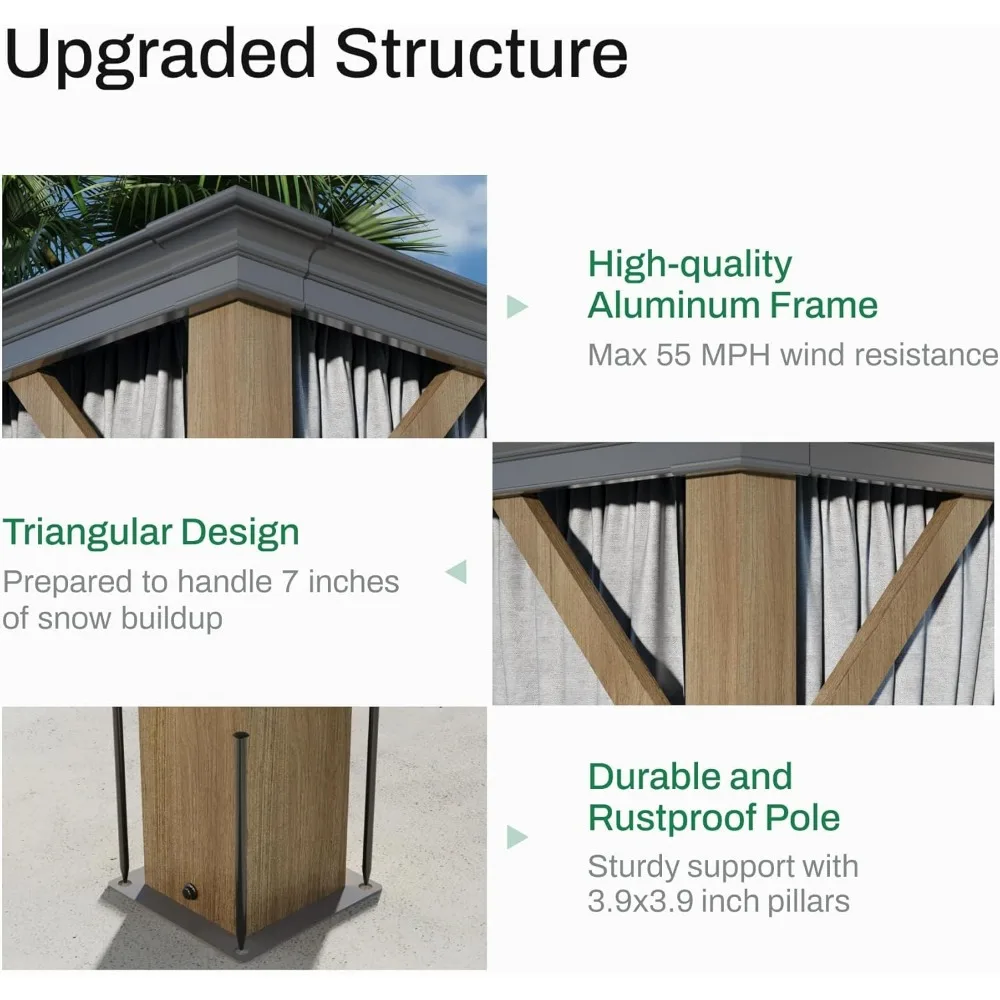 Gazebo de topo rígido de 10x12 pés, pavilhão permanente com estrutura de metal de alumínio resistente, dossel de telhado duplo, cortina e rede incluídos