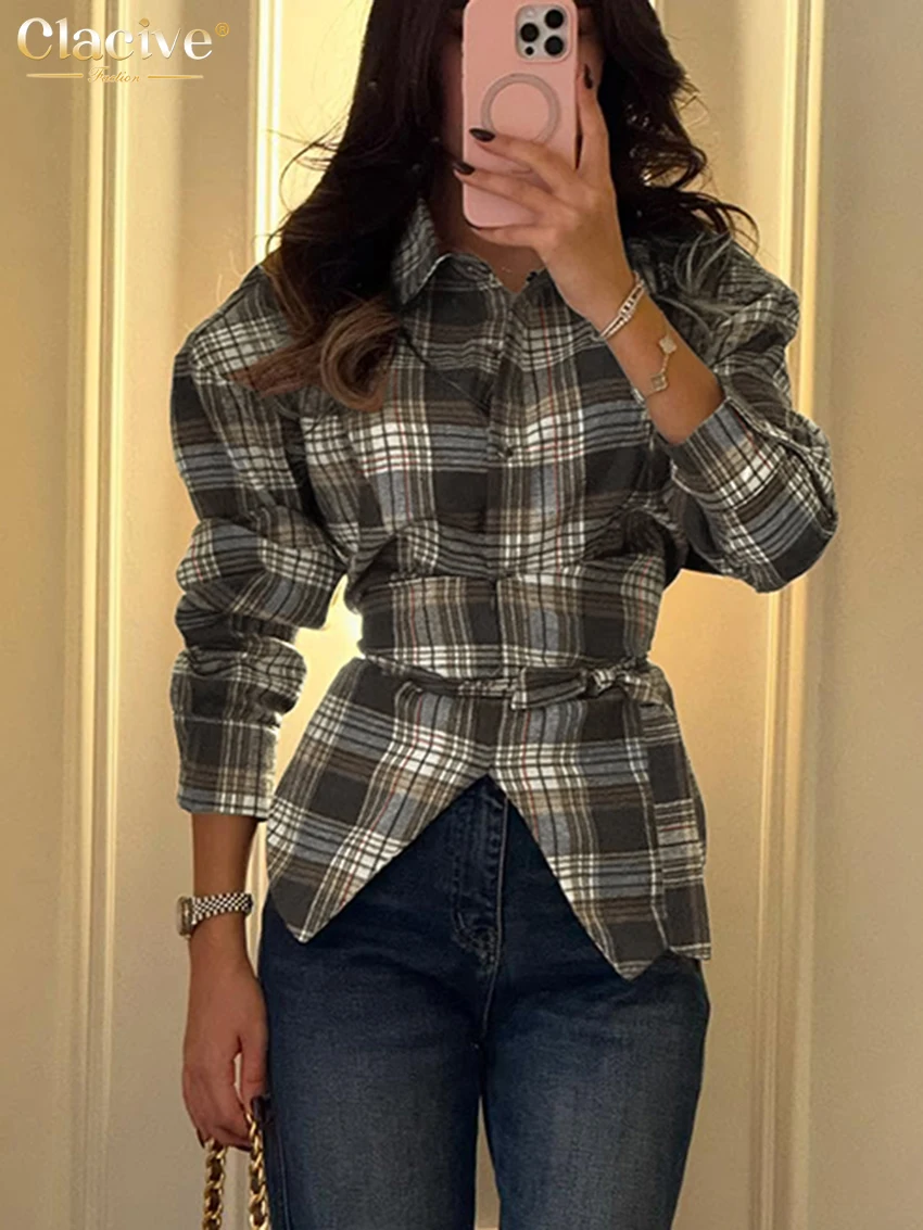 Clacive Spring Loose Brown Plaid Women's Blouse 2026 Fashion Lapel Long Sleeve Lady Shirts Elegant Classic Top Female Clothing