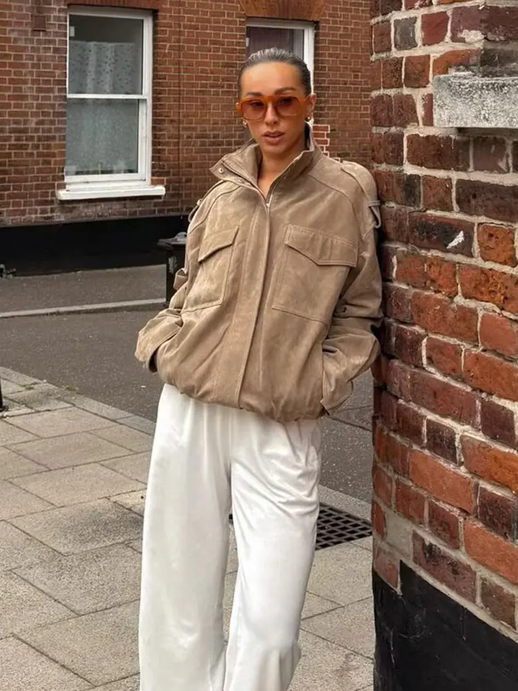 HH سترات نسائية موضة الخريف الصلبة مع سحاب وأكمام طويلة سترة نسائية جديدة ملابس الشارع الشهير معاطف عتيقة أنيقة #3