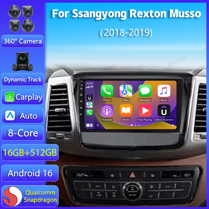 Android 16 Carplay Auto For Ssangyong Rexton Musso 2018 2019 Multimedia Navigation Car Radio Player Head Unit GPS WIFI+4G Stereo