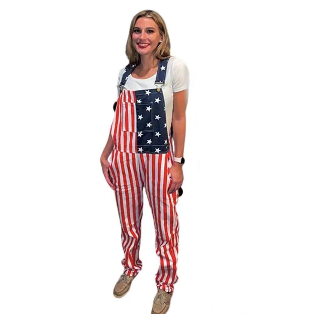 2026 New Mens Jeans Overalls American Independence Day Flag Couple Suspenders Cargo Trousers Women Jumpsuit view 5