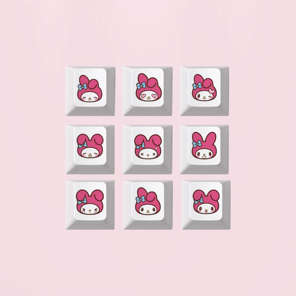 

9pcs/set Sanrio Cartoon Animation Melody PBT Keycap Cherry Profile R4 F1-F9 White Cute Mechanical Keyboard Keycap Kawaii Gift