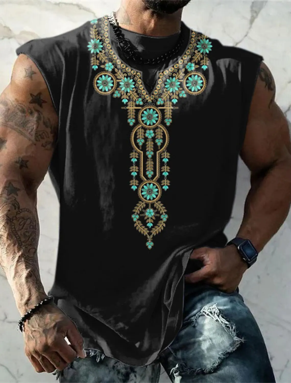 Fashion Design Men's Harajuku Retro Pattern Ethnic Print T Shirt Summer Sleeveless Tank Top Street Fitness T Shirt S-5Xl