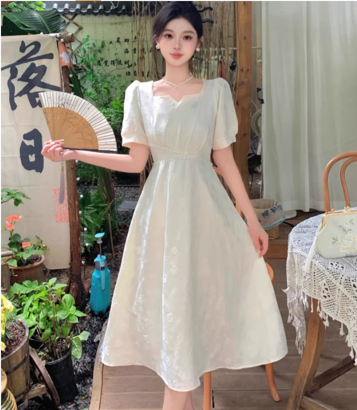 فستان جاكار أنيق مقاس كبير أسود بأكمام قصيرة ورقبة مربعة فستان بناتي صيفي بمزاج فرنسي عالي الخصر على شكل حرف a فساتين بسيطة #6