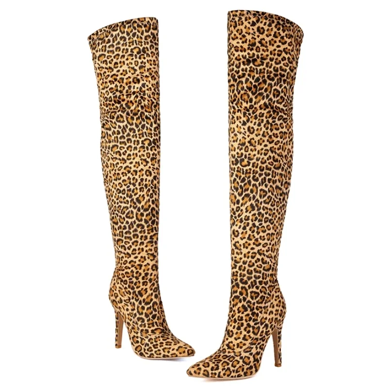 

Sexy Leopard Over the Knee Boots Women's Thigh High Boot Elastic Soft Flock Autumn Winter High Heels Tall Long Party Shoes Lady