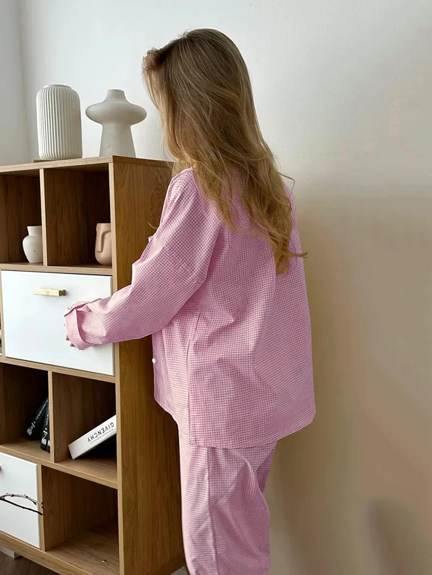 Marthaqiqi Casual Women'S Pajamas 2 Piece Suit Sexy Turn-Down Collar Sleepwear Long Sleeve Nightgowns Pants Home Clothes Ladies