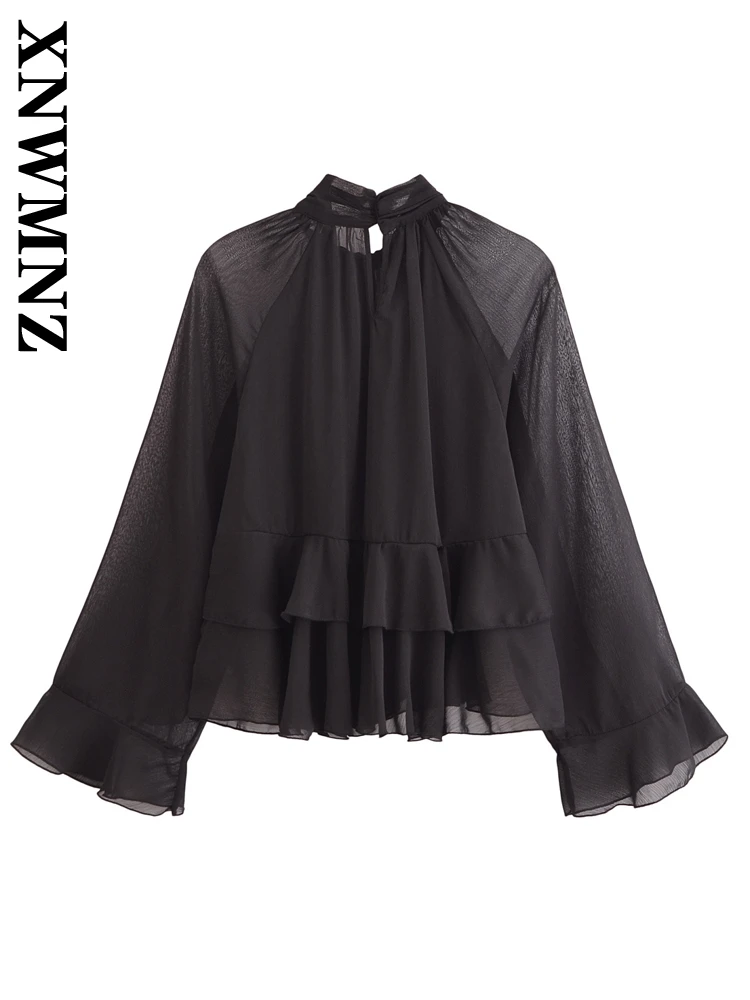 XNWMNZ 2024 Autumn New Woman's Party Long Sleeve Top Shirt Streetwear Woman Button back Stand Collar Ruffles Regular Fit Ruched