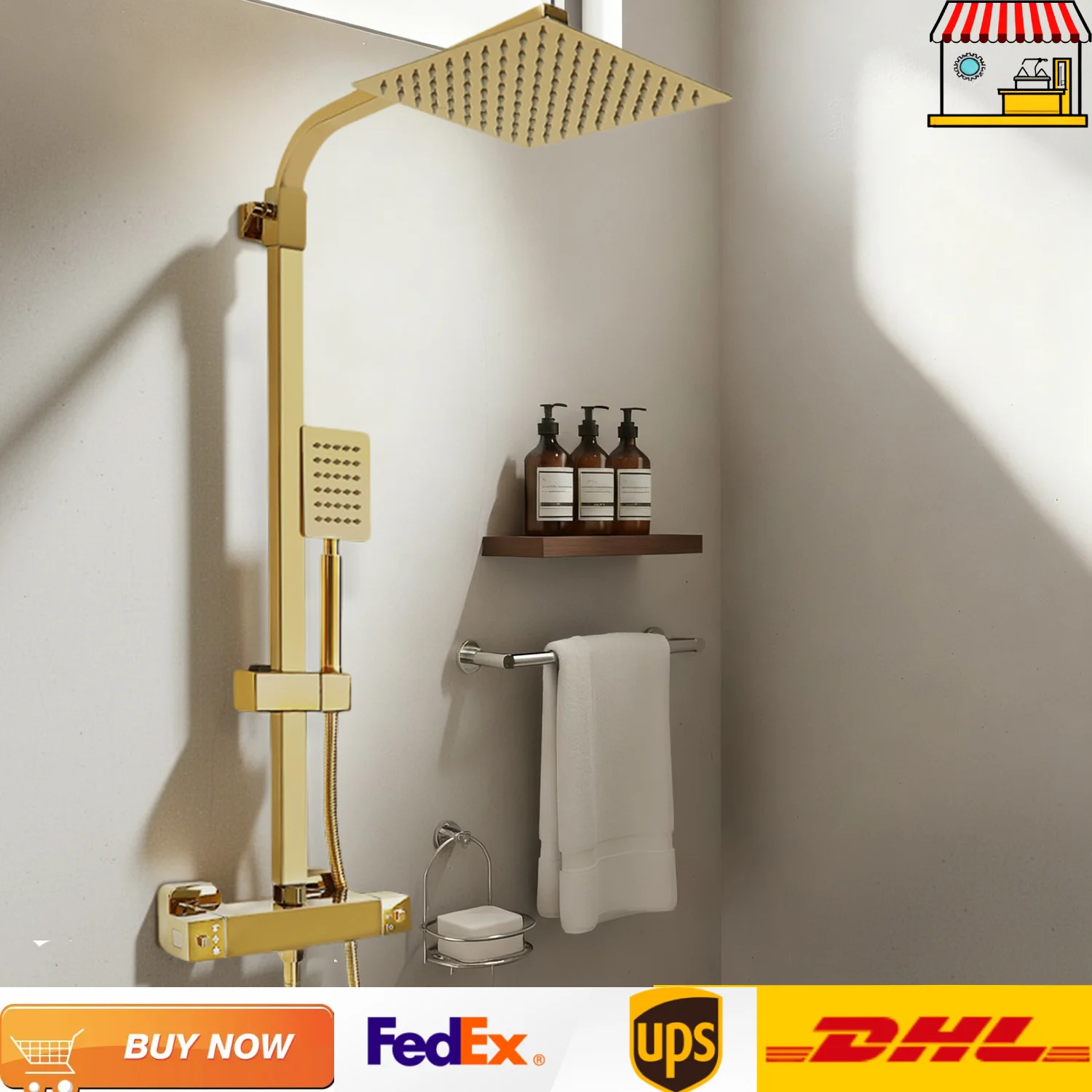 Thermostat-Duschkopf-Kombination |   Edelstahl Gold Quadratisches Duschsystem |   Regendusche und Handbrause