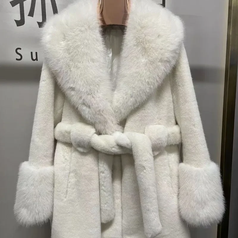 Luxury Vintage Faux Fur Coat Women Fur Collar Long Sleeve with Belt Oversized Fur Jacket Warm Thick Winter Jacket Lady's Tops