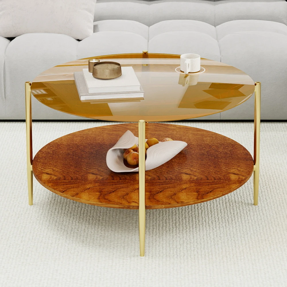 Luxurious Round Coffee Table with Gold-Tinted Tempered Glass Top Walnut Wood Storage Shelf Sturdy Gold Metal Legs Café Furniture