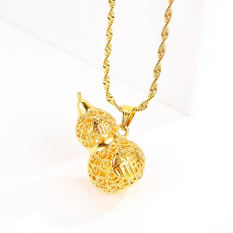 AU999 Gold Necklace Womens Fortune Hollow Double Fortune Gourd Pendant 24K Pure Gold Clavicle Goddess Necklace