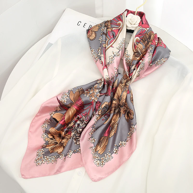 35Inch Versatile Silk Scarf Women Large Shawl  Print  Square Scarf Luxury Brand Kerchief Female  Muffler