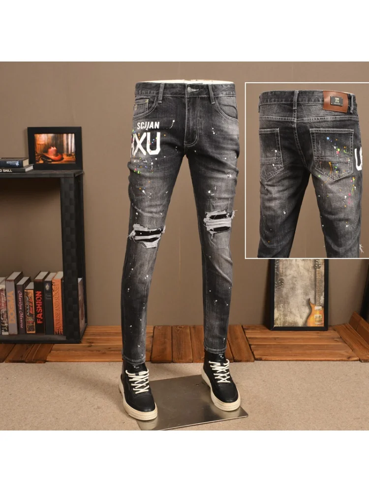 Vintage Printed Ripped Jeans Men's Street Handsome All-Match Stretch High Street Spray Paint Casual Skinny Tappered Pants