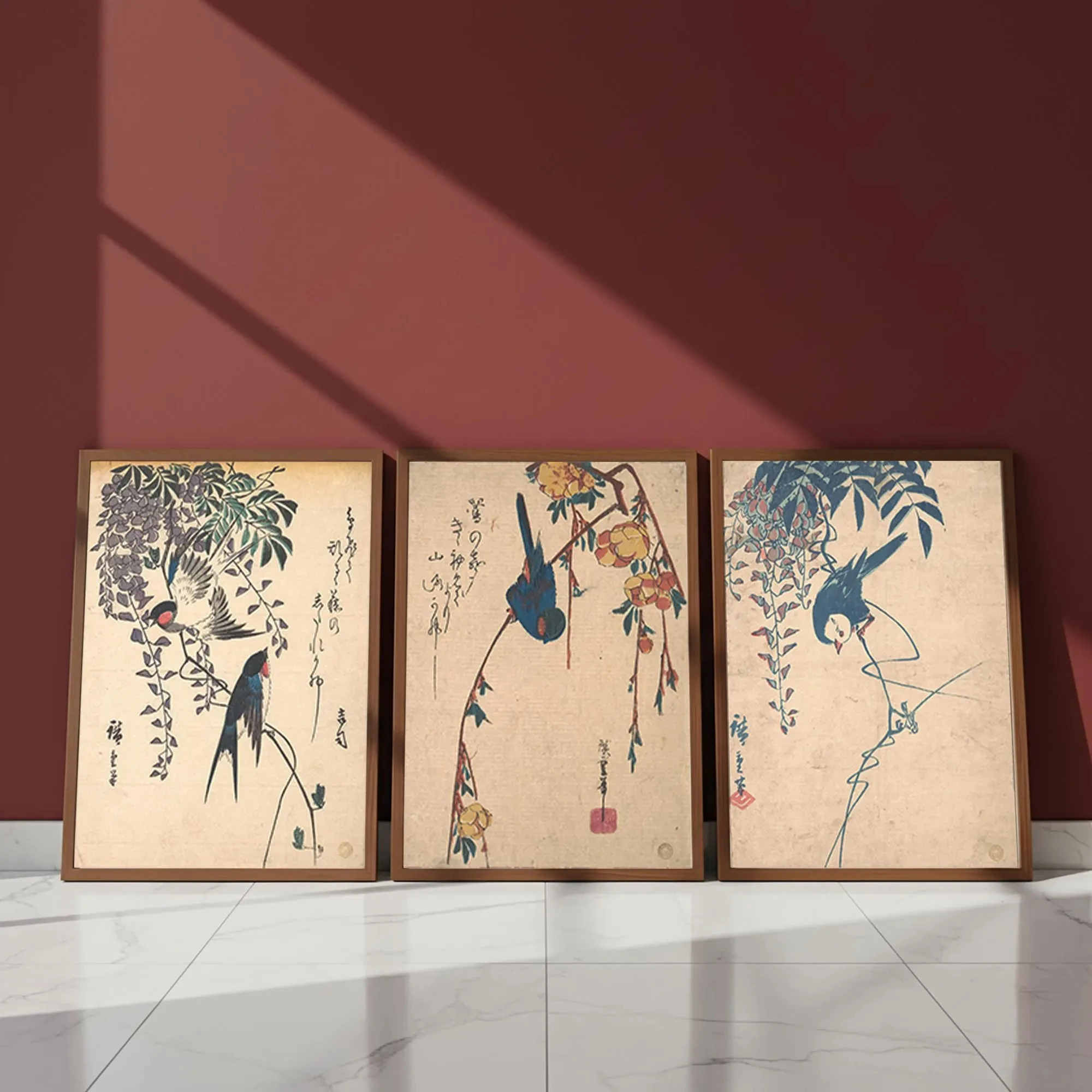 (3PCS Unframe)3Pcs Vintage Ukiyo-e Bird Wall Art, Japanese Swallow Wisteria Plum Blossom Canvas Prints,Oriental Floral Wall Arts