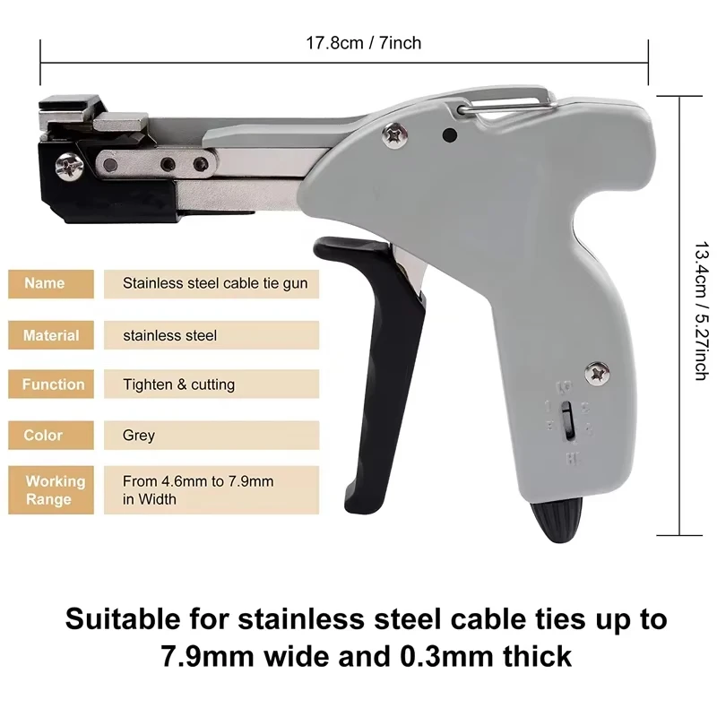 1Pc Stainless Steel Cable Tie Gun 0.3-7.9MM Adjustable Self-Locking Zip Tension Cutting Tie Plier Metal Hand Fastening Tool