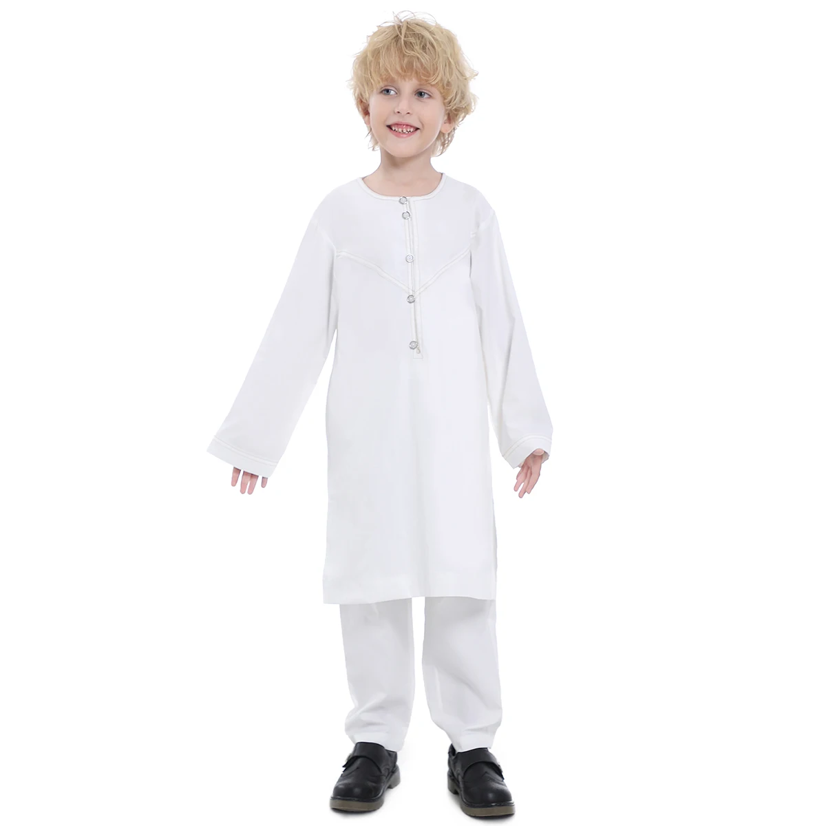 Thobe-Conjunto de traje musulmán elegante para niños, Camisa larga Abaya con pantalones, color Beige, gris, café, blanco, TH879