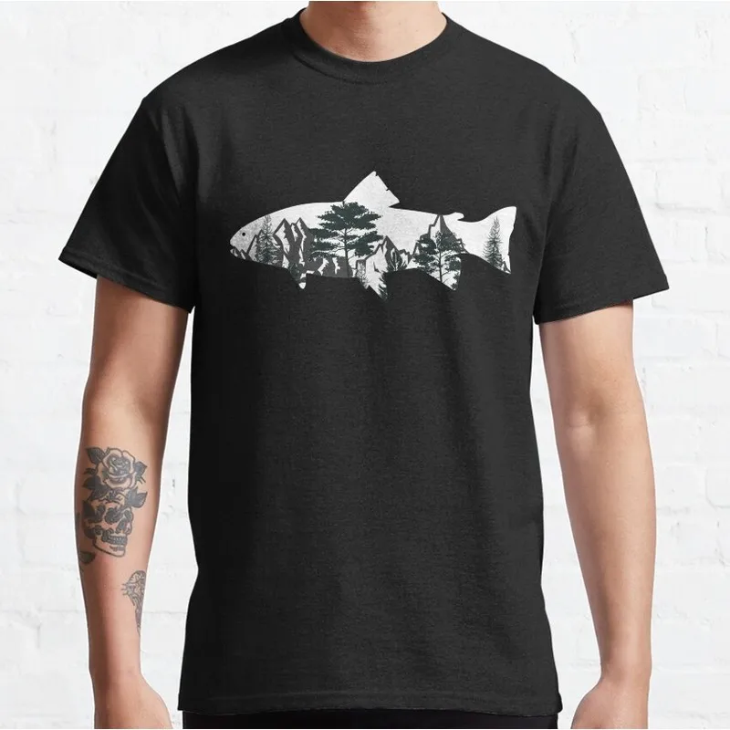 Trout Trees Fly Fishing Angler T-Shirt Retro Fisherman Graphic Tee Unisex 100% Cotton Print Short Sleeve Outdoor Casual Tops