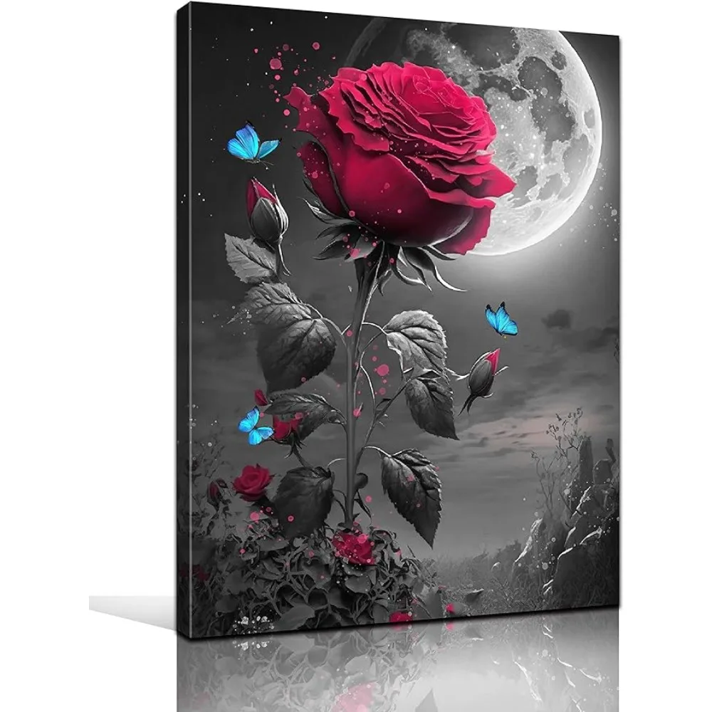 

Black and White Wall Art Red Rose Canvas Wall Art Night Moon Landscape Picture Ready to Hang for Bedroom Living Room Size 16x24