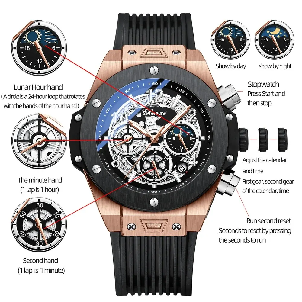 CHENXI Fashion Silicone Chronograph Watch Men Multifunctional Cool Luminous Quartz Starry Lunar Phases Timing Sport Wristwatches