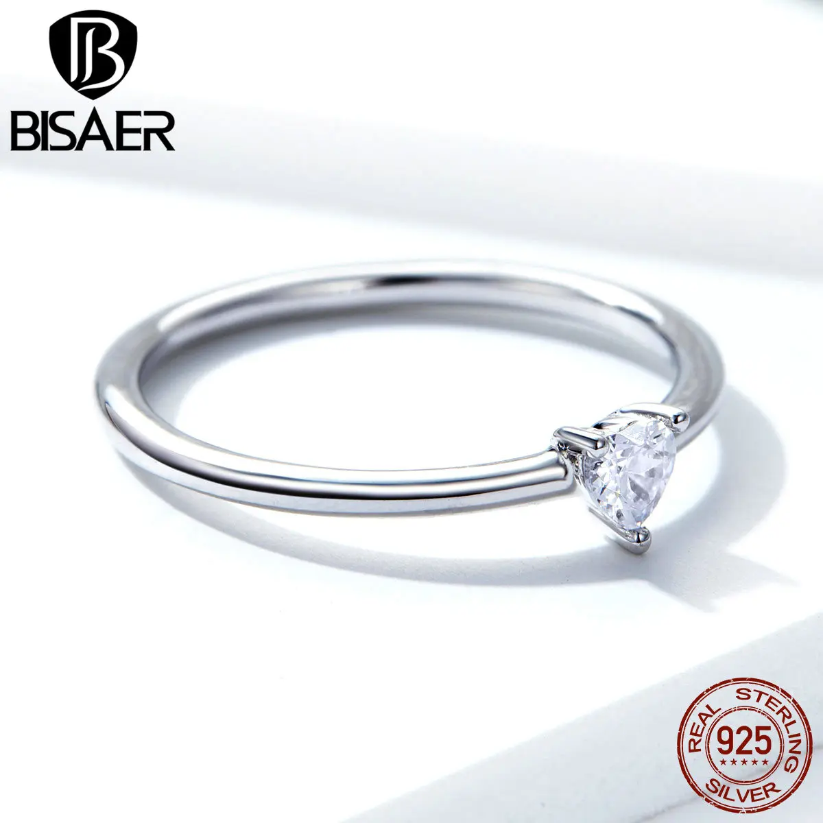 Bisaer 925 Sterling Silver Pernikahan Cincin Klasik Zirkon Bulat Wanita Murah Jari Cincin Pernikahan Mewah Anel Perhiasan ECR498