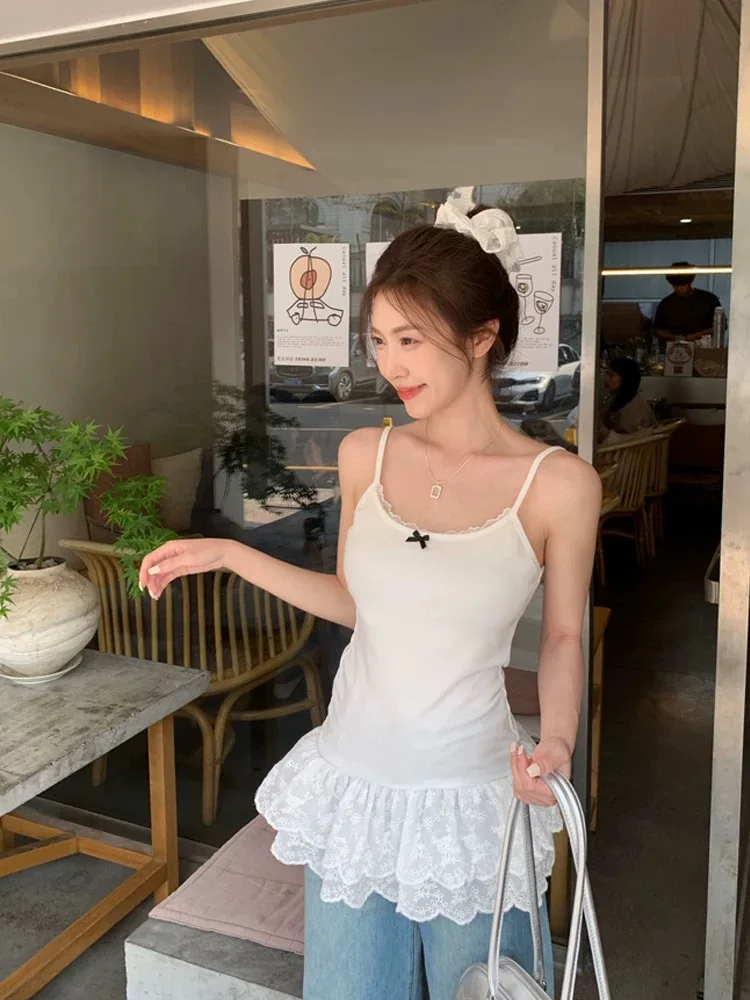 순면 레이스 헴 매듭 스트랩 베스트 여성용 봄 여름 슬림 핏 이너웨어 베이스 레이어 아우터웨어 탑