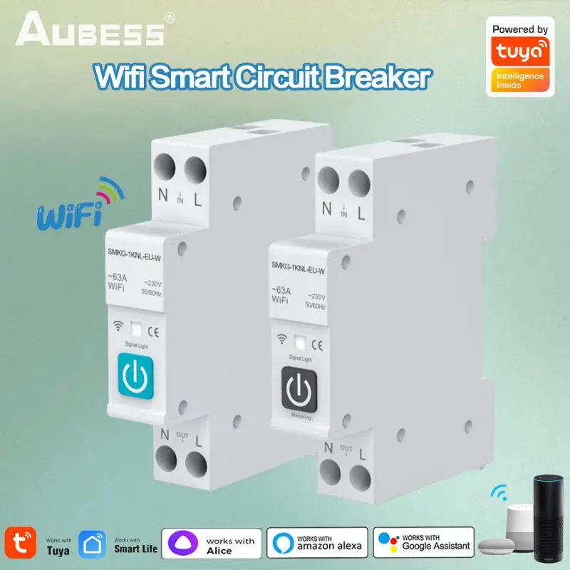 

Tuya WIFI Smart Circuit Breaker With Metering 1P 63A Rail DIN For Smart Home Wireless Remote Control Switch Alexa Google Home