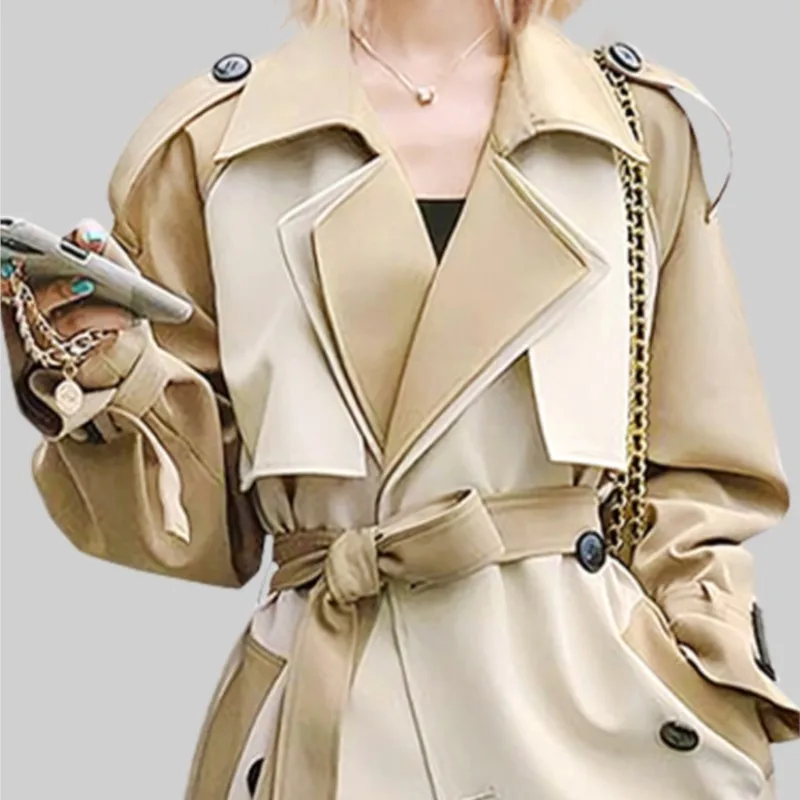 Color Contrast Patchwork Double Breasted Lace-up Trench Coat Women's New Loose Slimming Long Sleeves Mid-Length