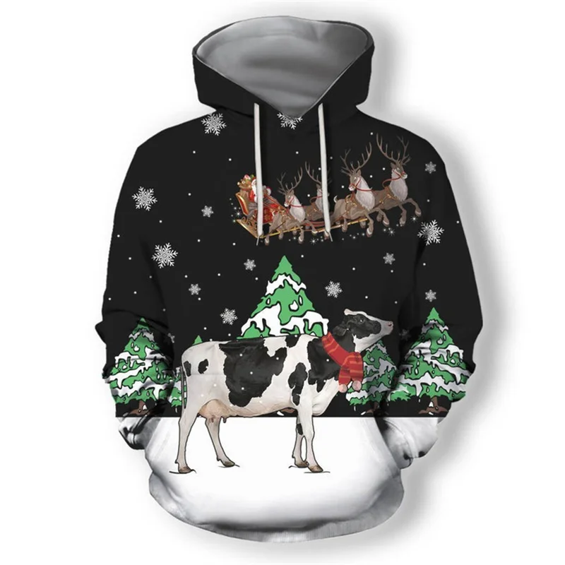 New 2024 In Christmas Cow Graphic Hoodie For Men Kids Autumn Holiday Xmas Sweatshirt Tops Long Sleeve Pullover Hoodies