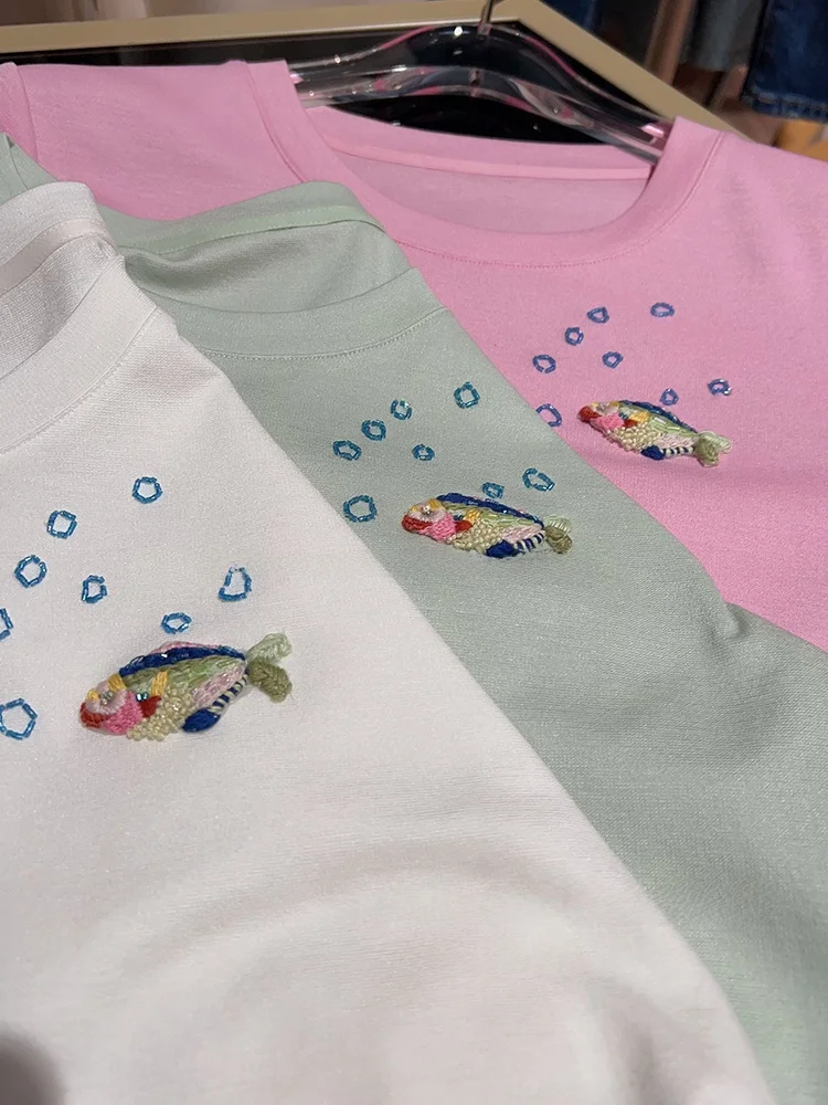 

Новая весенне-летняя футболка «Koi Spirit» с вышивкой, простая, элегантная, универсальная, с круглым вырезом