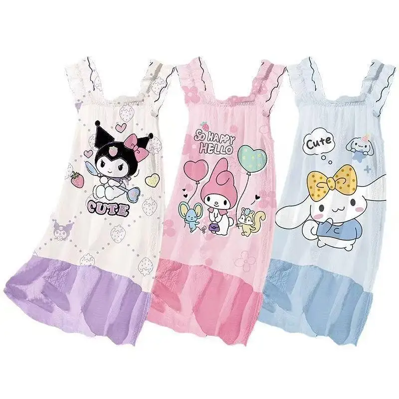

Детское ночное платье Sanrio Kuromi, тонкие летние пижамы для девочек, жилет на бретелях, милая повседневная домашняя одежда с героями мультфильмов, свободные подарки высокого класса